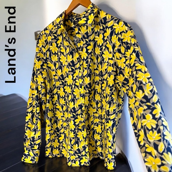 Lands' End Tops - Lands End-NWOT women’s 12 gorgeous no iron floral button down oxford blue/yellow